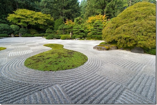 Japanese Flat Garden with Checkerboard pattern Pine Maple trees rocks and plants